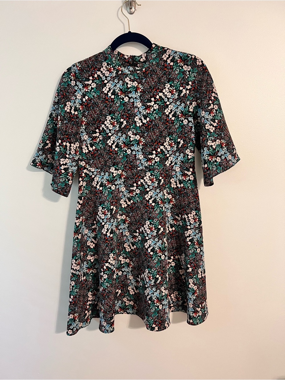 Zara Basic Women's S Ditsy Floral Print Mini Dress Short Sleeve Black Multi